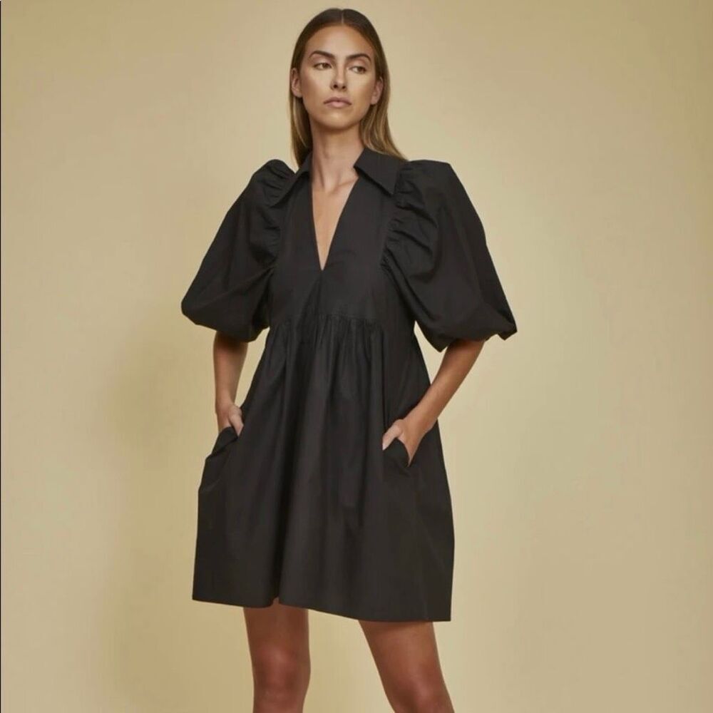 Hunter Bell Dress Noah Cotton Poplin Collared Little Black Mini Dress Size S